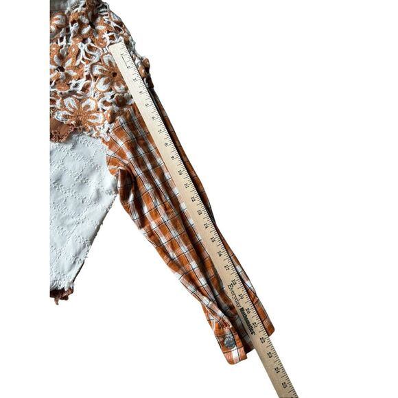 Miss Me Floral Pieced Denim Jacket size S Boho Multi Orange Hooded Crochet Cropp - Picture 9 of 14